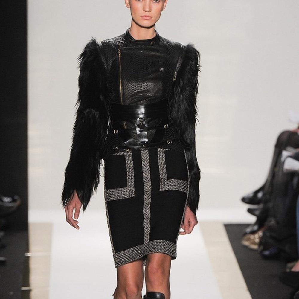 Herve leger leather jacket with fur sleeves